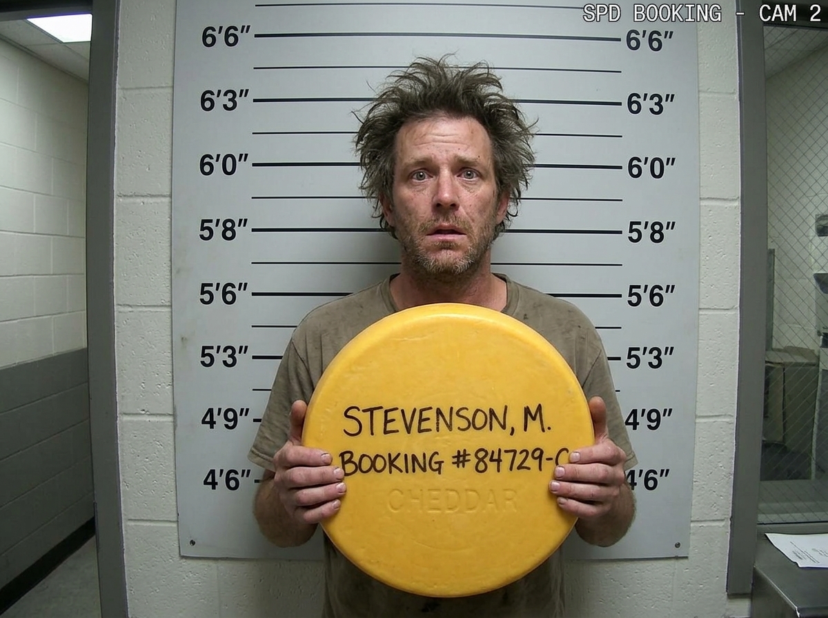 Mugshot of confused man holding cheese